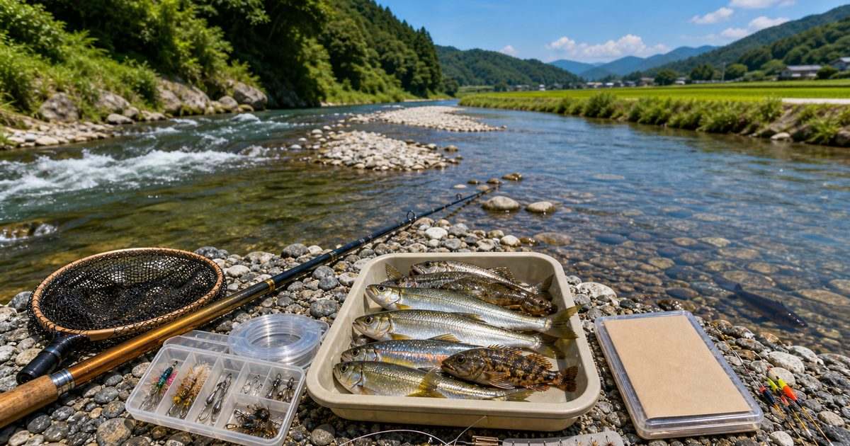 原野谷川・宇刈川の里川釣りポイントを清流と淡水魚で示すアイキャッチ