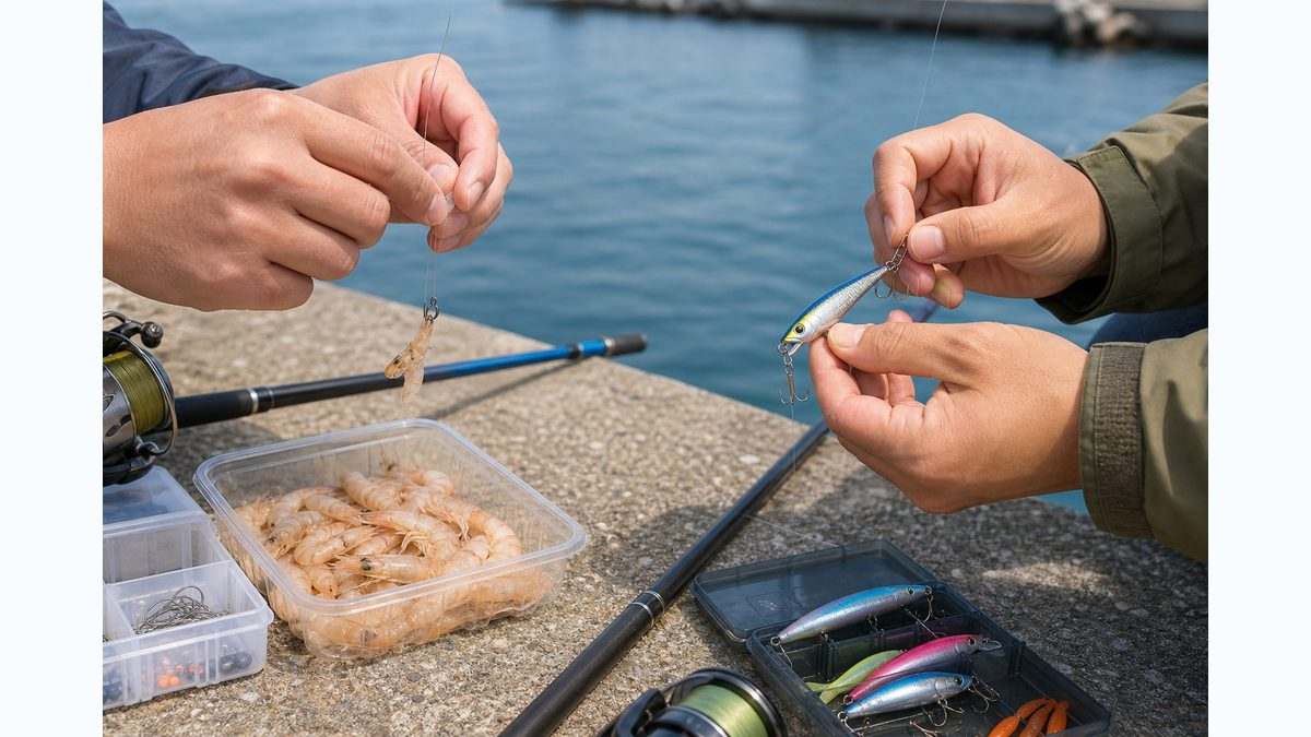 エサ仕掛けとルアーを同じ釣り場で準備するイメージ