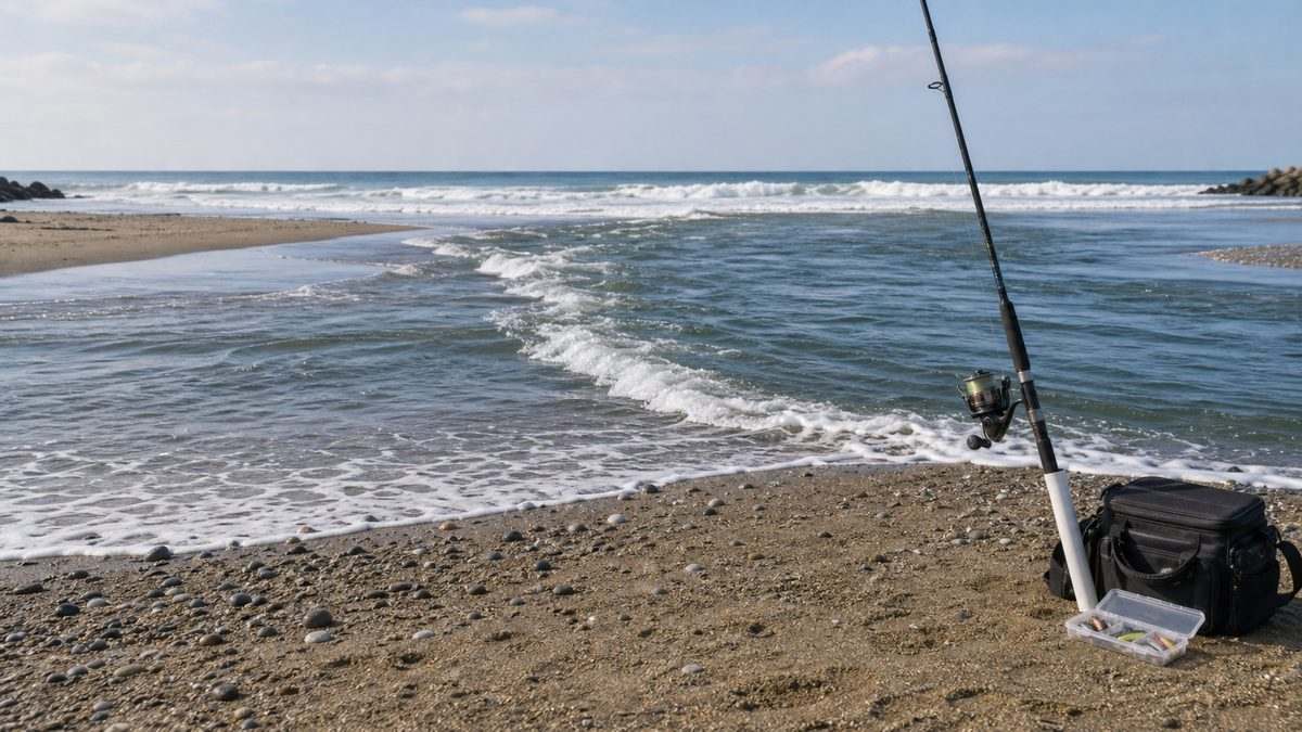 河口の流れとサーフの波を見ながら釣り場を選ぶイメージ