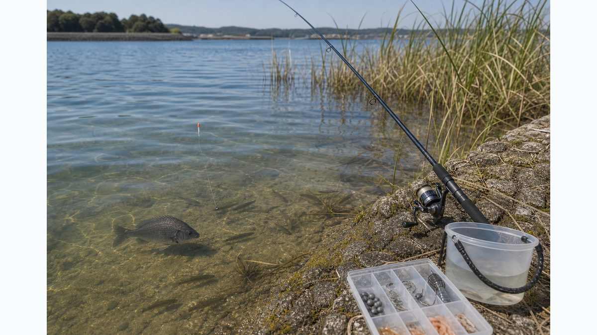 浜名湖北岸の浅場で釣り道具を準備するイメージ