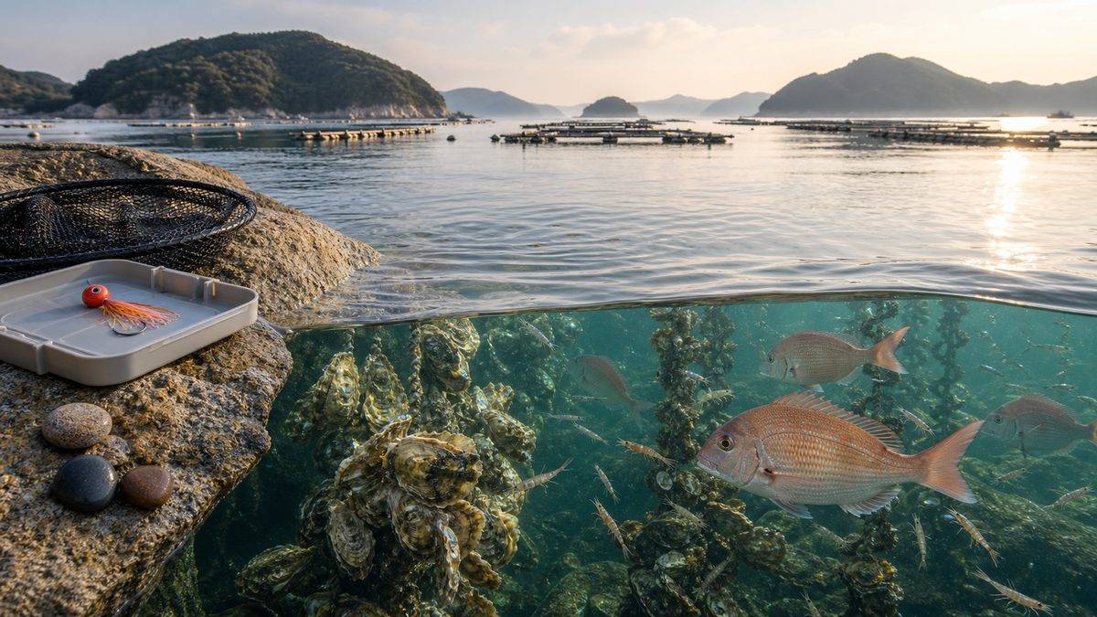 岡山エリアの釣りスポット——牛窓・日生諸島とカキ・タイの関係の要点をまとめた釣り攻略インフォグラフィック