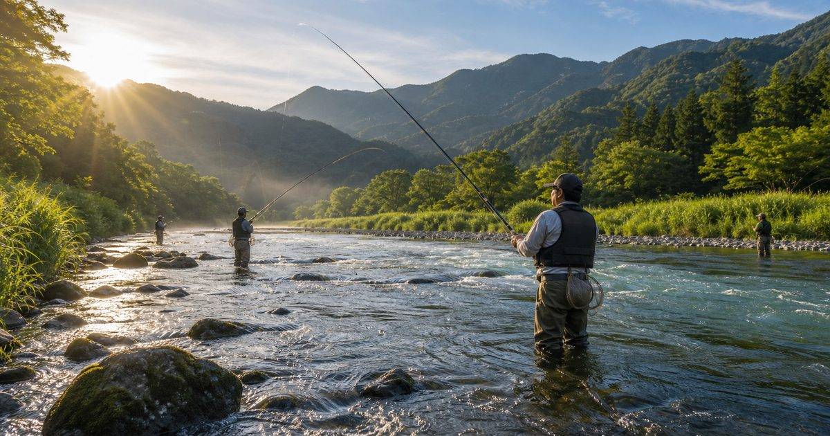 天竜川・都田川のアユ友釣り解禁を象徴する清流と釣り人の風景