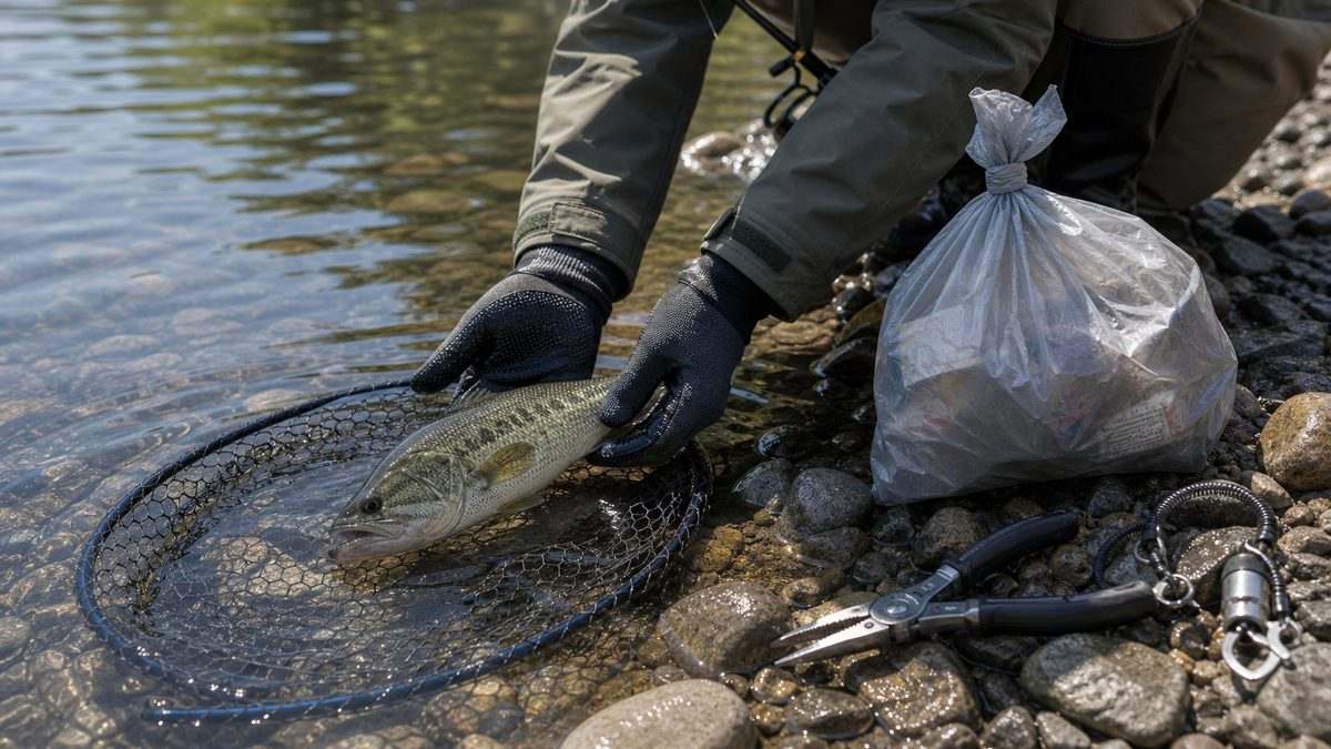 釣った魚を丁寧にリリースし釣り場を清掃する実写風イメージ