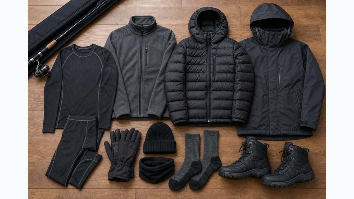 冬釣り用の防寒レイヤリング装備を並べたイメージ