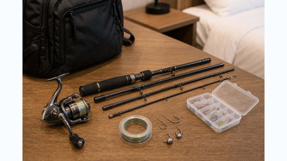 モバイルロッドと小型釣具をコンパクトにまとめたイメージ
