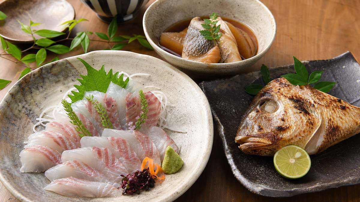 イシダイの料理：刺身・煮付け・兜焼きの内容をイメージした写真
