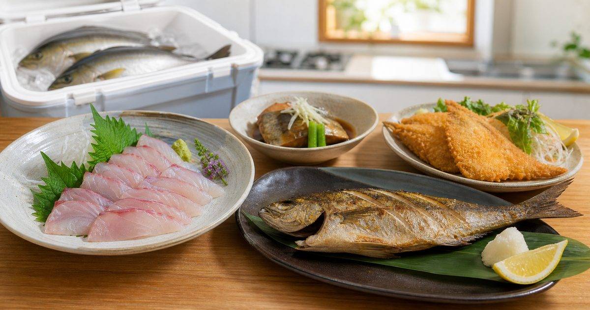 イサキの刺身・塩焼き・煮付け・フライを並べた料理レシピのアイキャッチ画像
