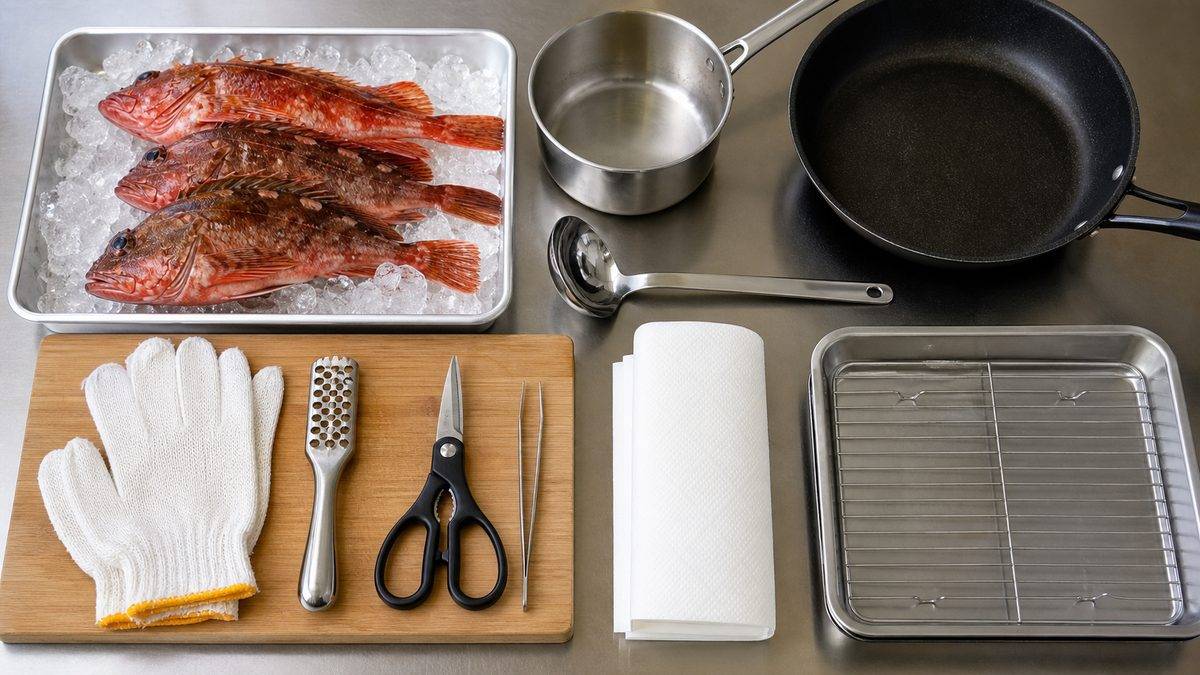 カサゴ料理に役立つ調理器具・道具の要点をまとめた釣り攻略インフォグラフィック