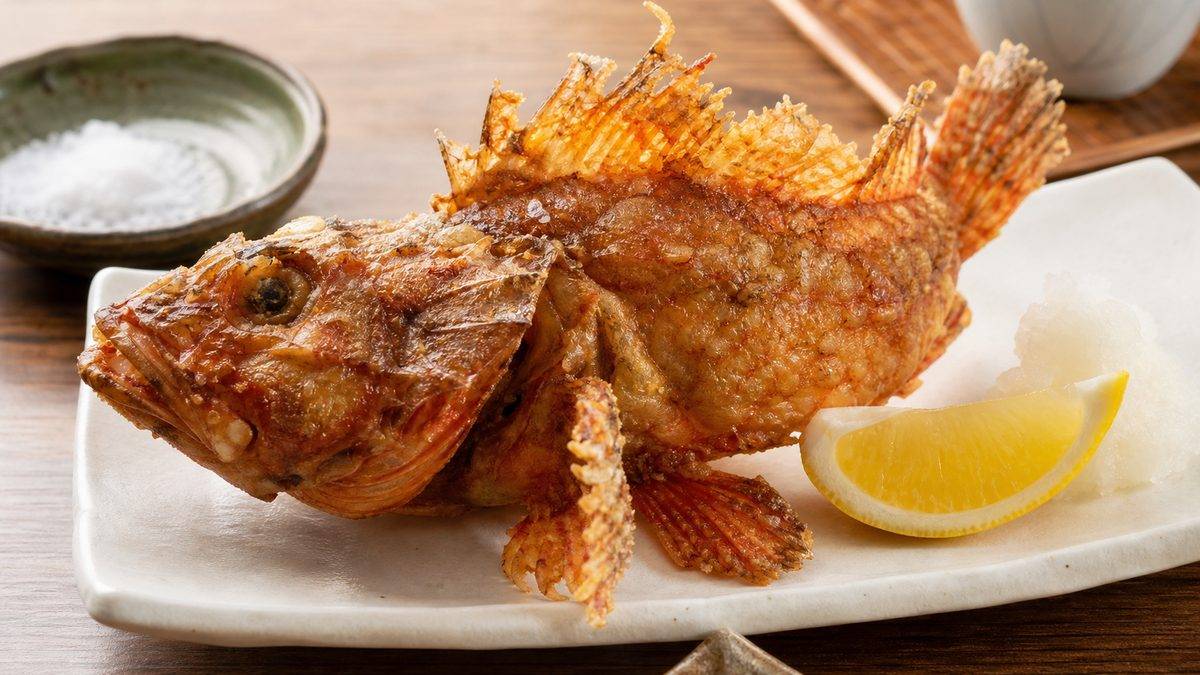 レシピ②：カサゴの唐揚げ（丸揚げ）の要点をまとめた釣り攻略インフォグラフィック