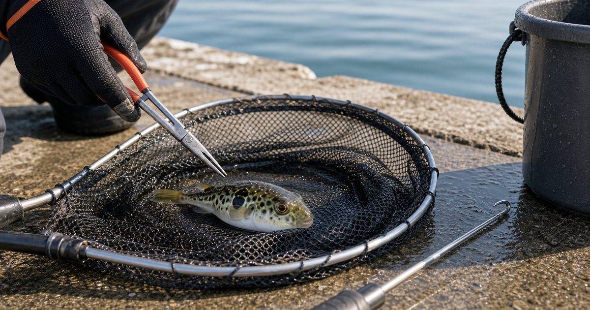 クサフグを網とプライヤーで安全に扱う釣り場のイメージ