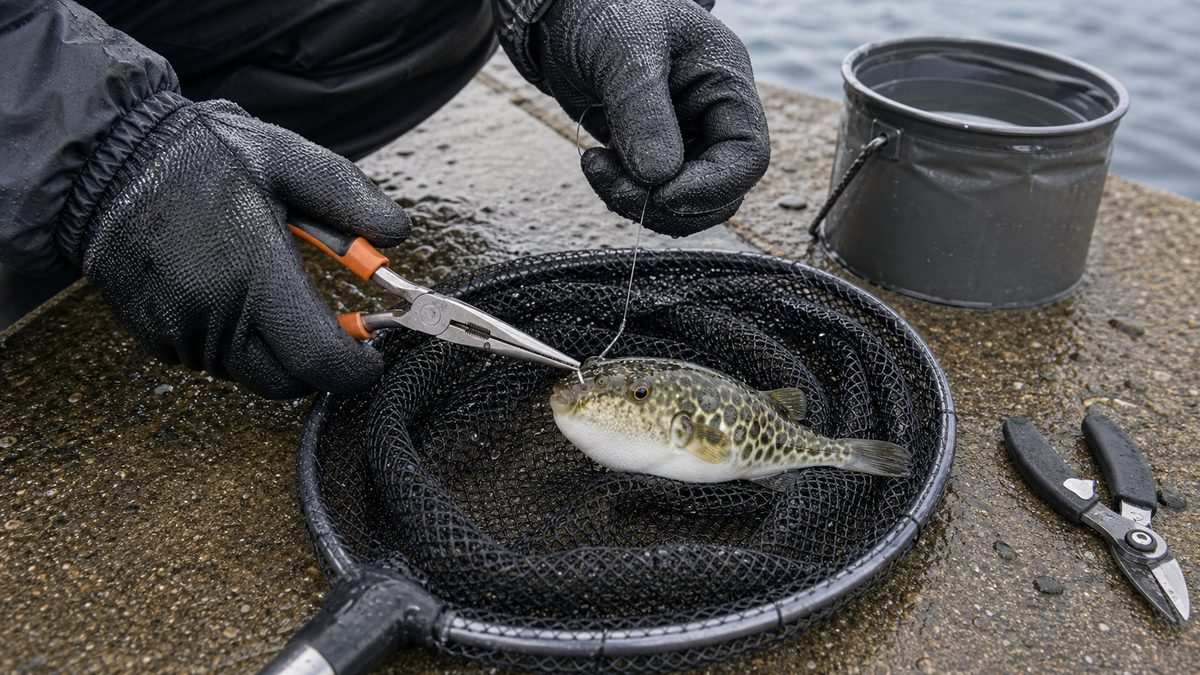 釣れたクサフグの正しい扱い方：素手・歯・針の3つの注意点の要点をまとめた釣り攻略インフォグラフィック