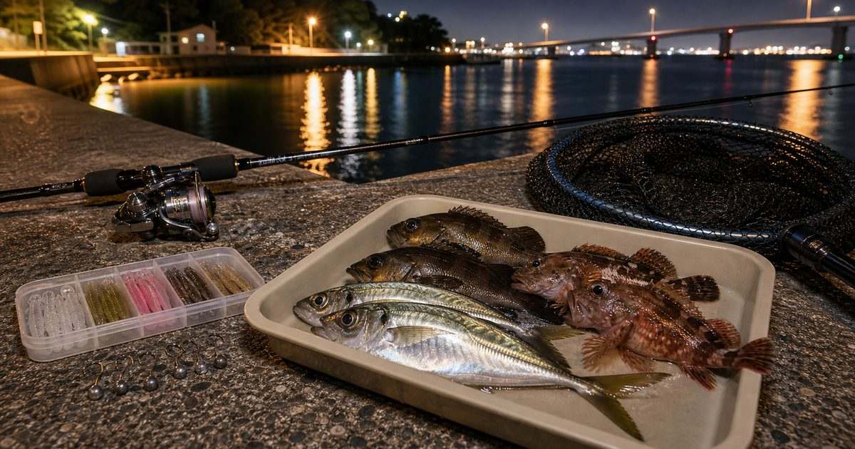 浜名湖・遠州灘のライトゲーム攻略を夜の常夜灯と軽量タックルで示すアイキャッチ