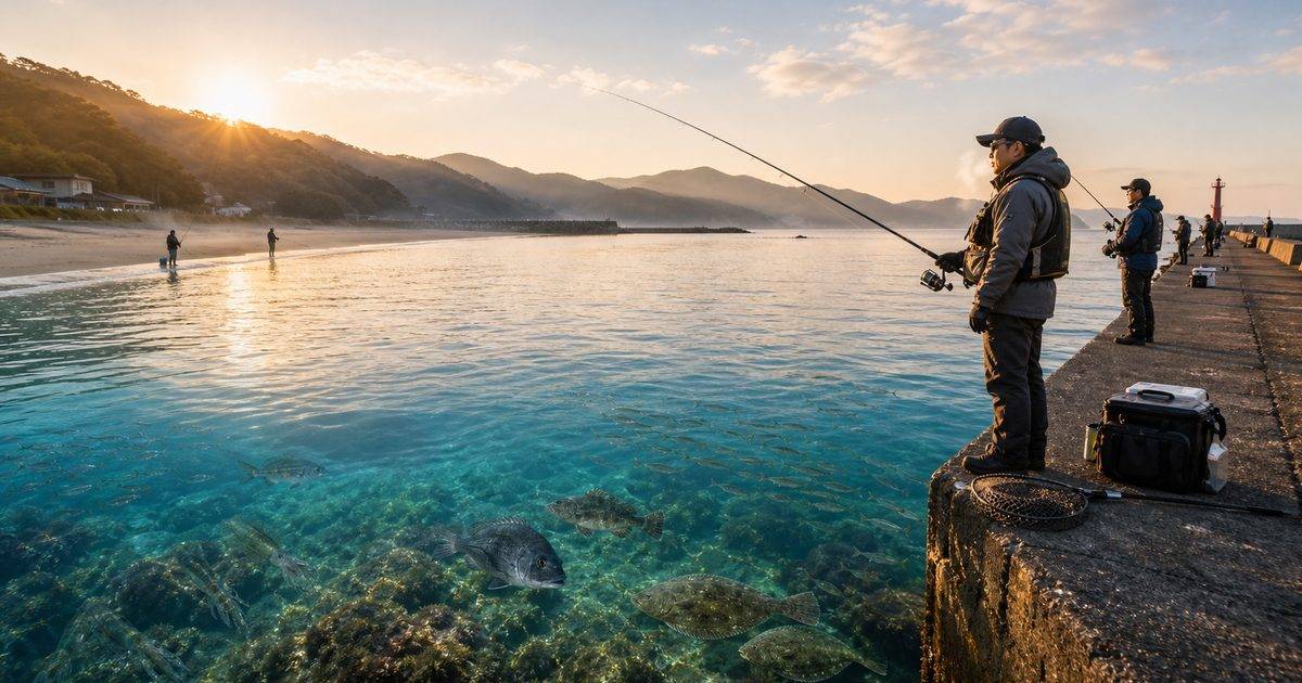 3月の海釣りシーズン開幕を象徴する早春の堤防とターゲット魚のアイキャッチ画像