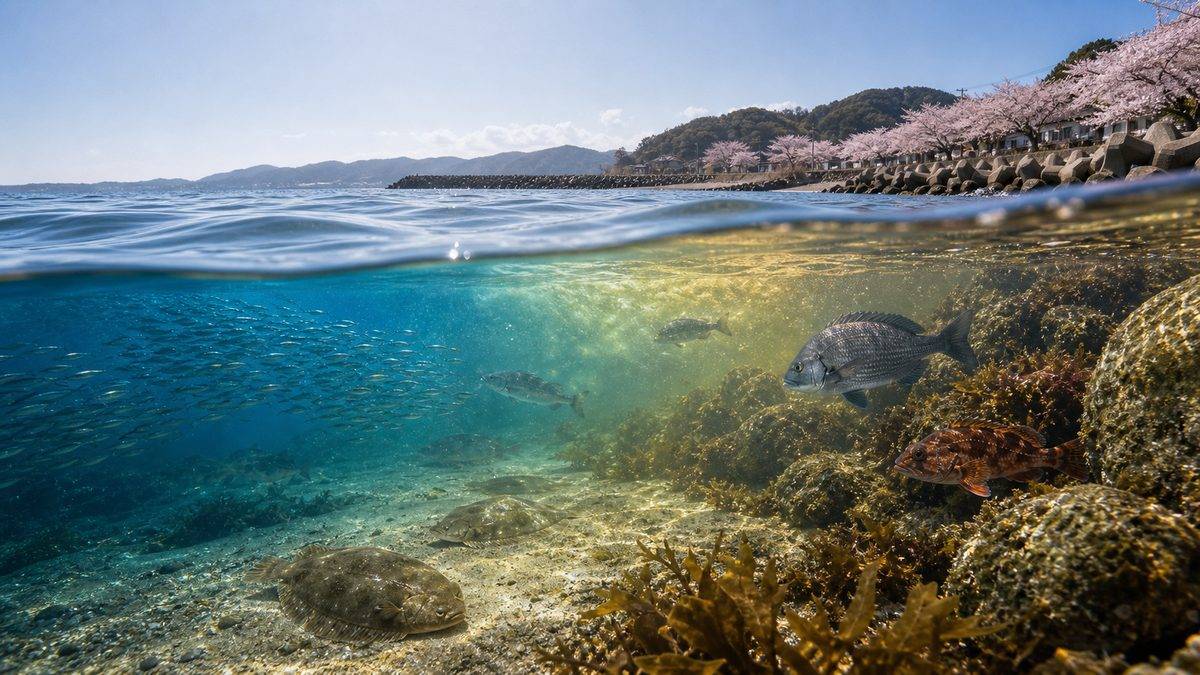3月の海の水温変化と魚の動きの関係の要点をまとめた釣り攻略インフォグラフィック