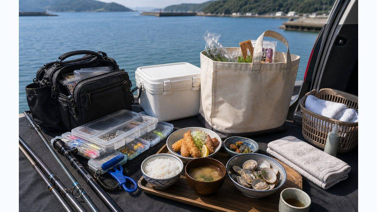 周辺情報——釣具店・食事処・温泉の要点をまとめた釣り攻略インフォグラフィック