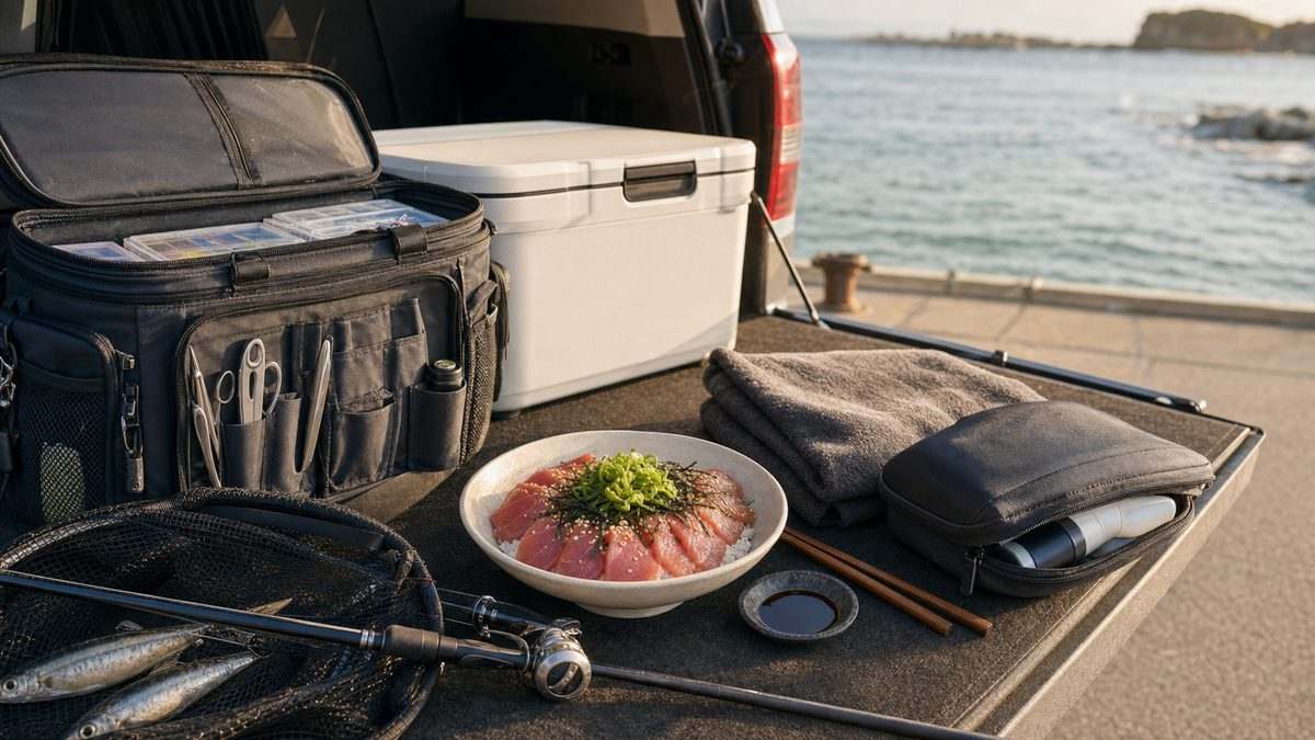 周辺情報（釣具店・食事・温泉）の要点をまとめた釣り攻略インフォグラフィック