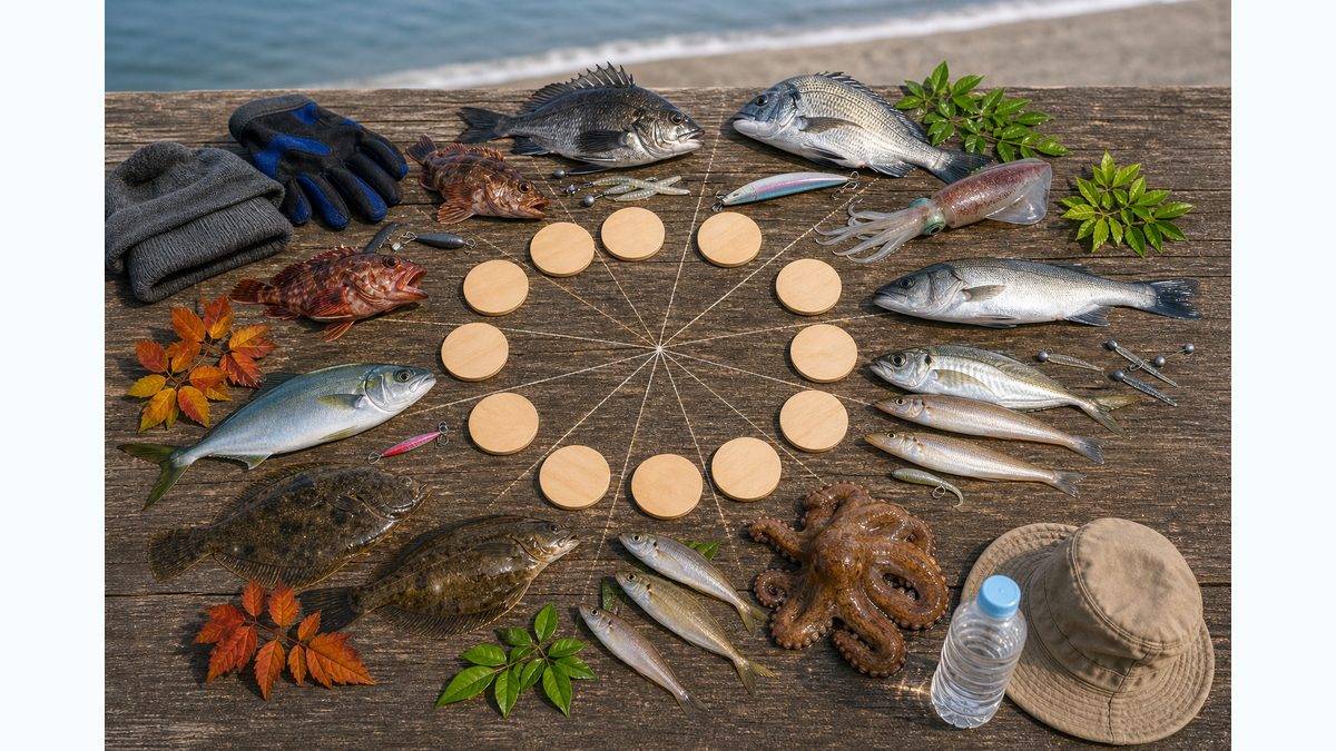 年間カレンダー早見表｜浜名湖・遠州灘のターゲット魚種一覧の要点をまとめた釣り攻略インフォグラフィック
