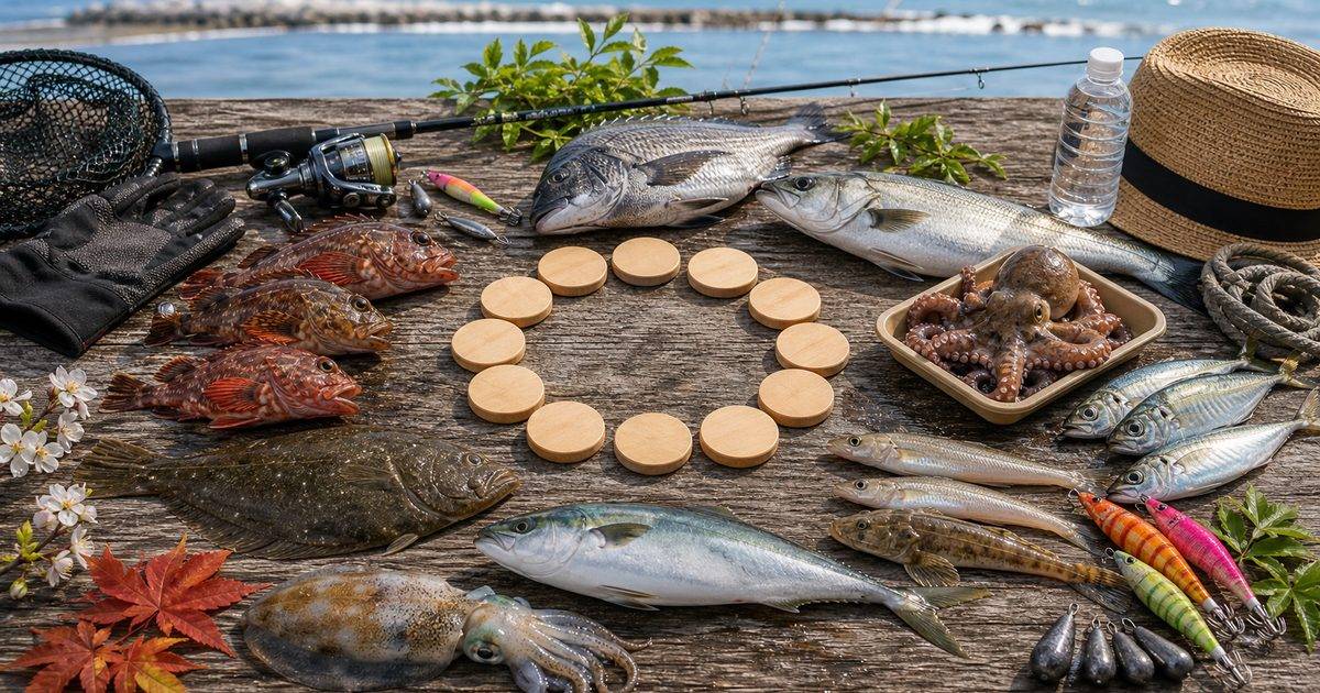 浜名湖・遠州灘の月別釣りカレンダーを四季の魚種と道具で示すアイキャッチ