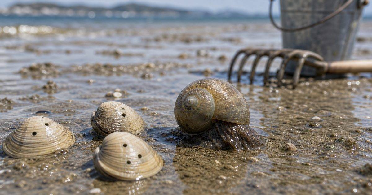 砂浜のツメタガイと穴の開いた二枚貝のイメージ