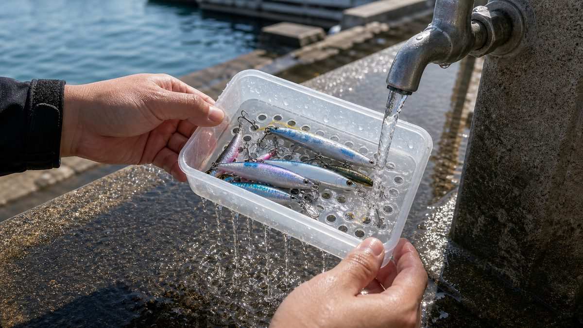 水抜き穴があるケースならまとめて使用後ルアーを洗えますの要点をまとめた釣り攻略インフォグラフィック
