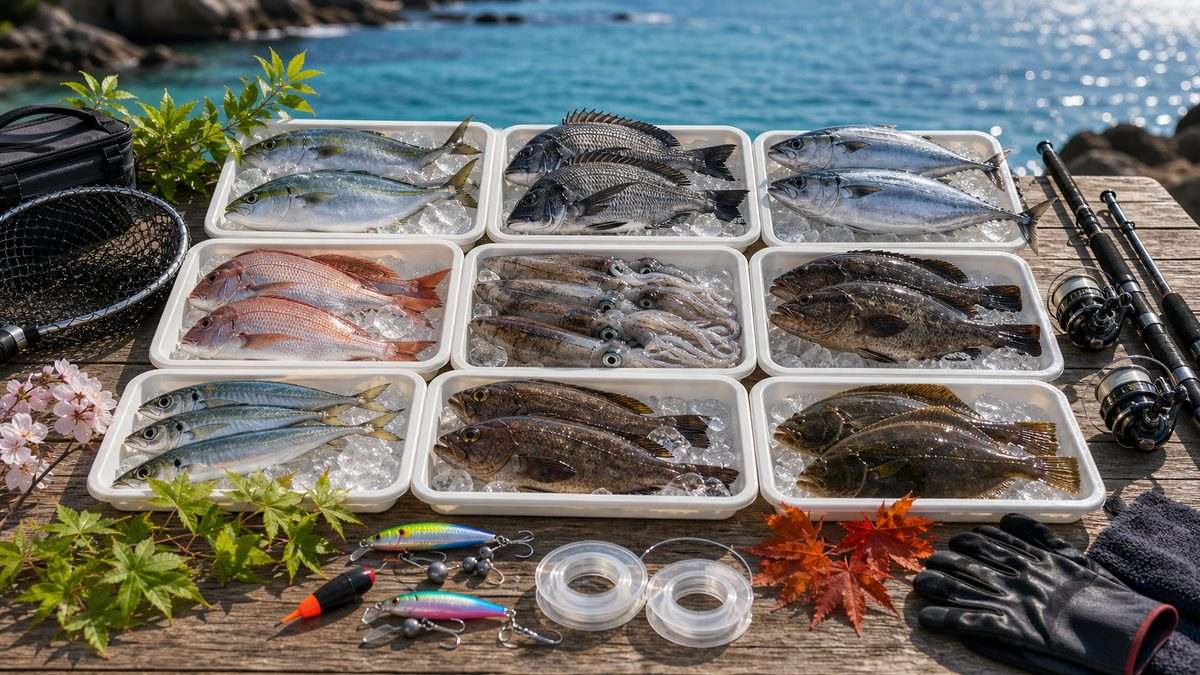 五島列島で狙える主要魚種と年間カレンダーの要点をまとめた釣り攻略インフォグラフィック