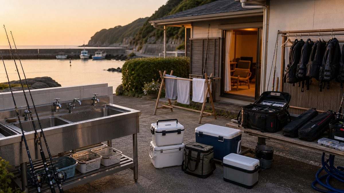 宿泊情報と釣り人向けサービスの要点をまとめた釣り攻略インフォグラフィック