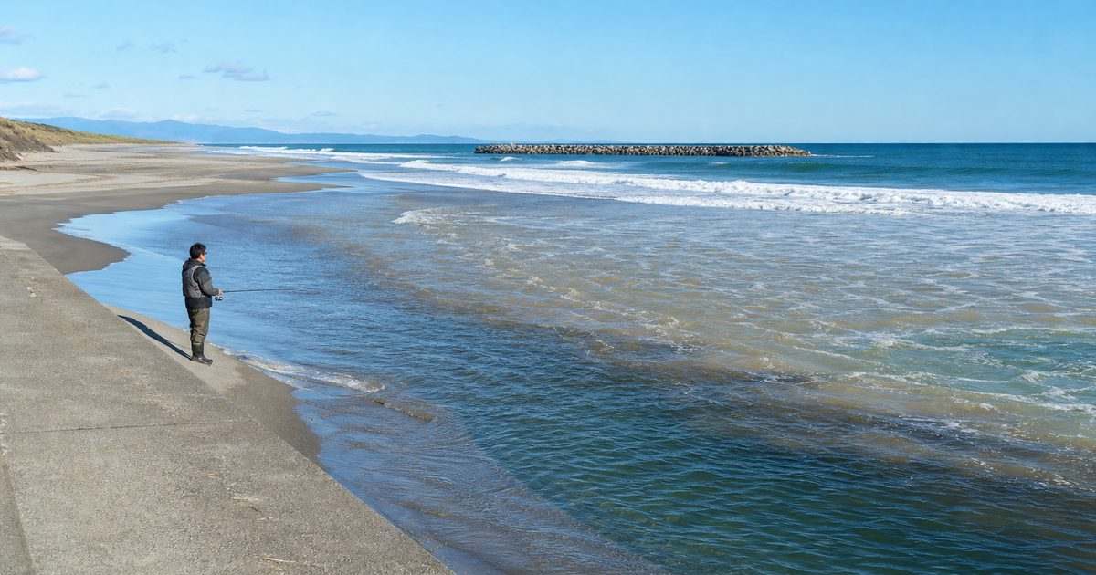 天竜川河口西岸から五島海岸の導流堤とサーフを俯瞰した釣り場ガイド画像