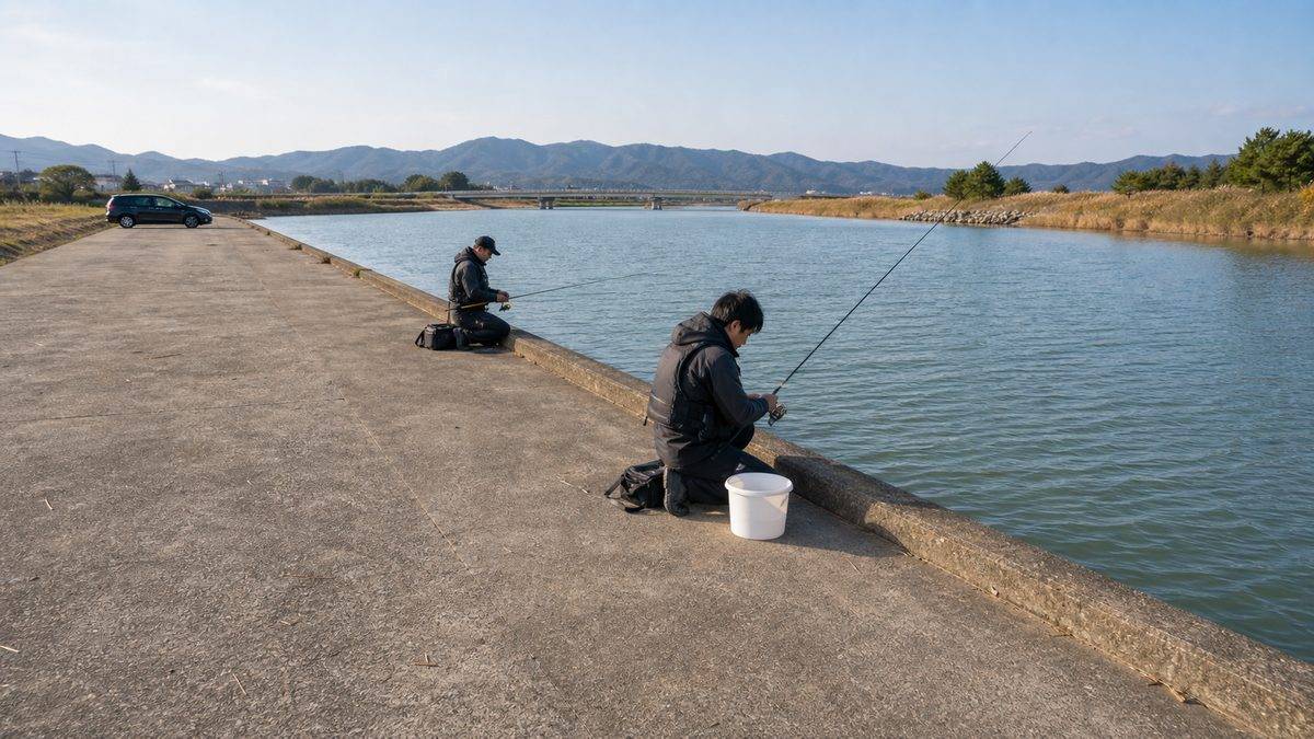 ポイント② 西岸河川敷護岸 ─ ファミリーも安心の足場良好エリアの要点をまとめた釣り攻略インフォグラフィック