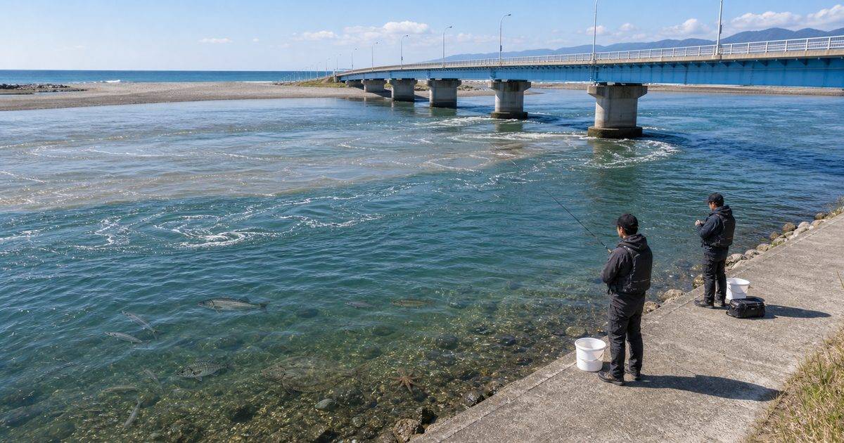 遠州大橋と天竜川下流域の橋脚ヨレを安全な護岸から見る釣り場画像