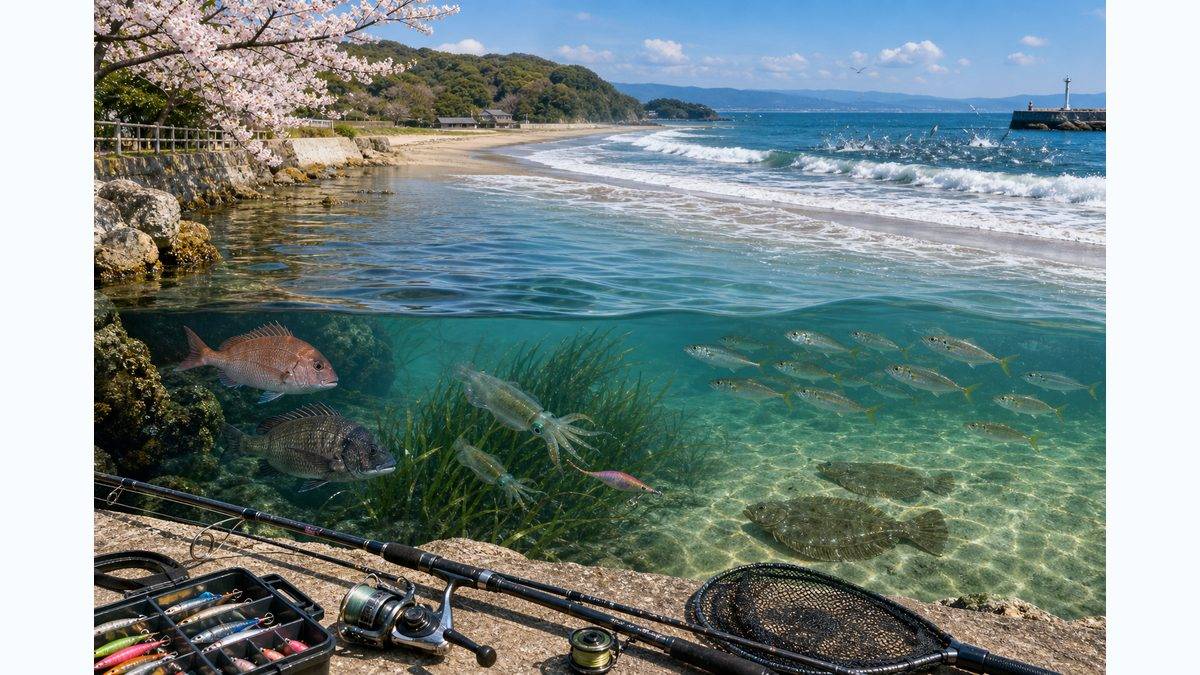 浜名湖・遠州灘2026年春の釣り攻略ガイド（3〜5月）｜サクラ釣り・アオリイカ新子・青物シーズンインを狙うの要点をまとめた釣り攻略インフォグラフィック