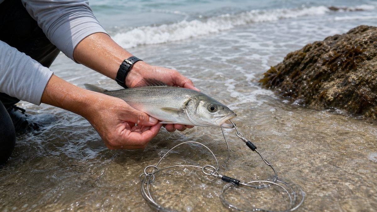 ストリンガーの正しい掛け方と、サーフで気をつけたい落とし穴の要点をまとめた釣り攻略インフォグラフィック