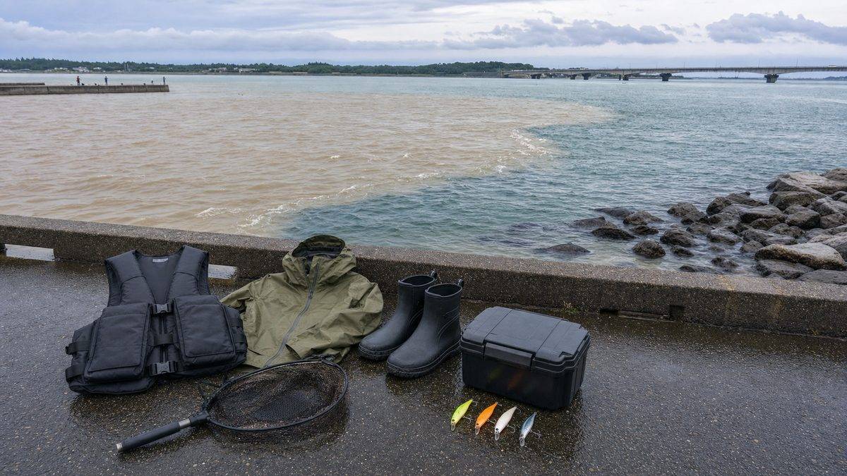 台風・大雨後の釣り攻略｜浜名湖・遠州灘で増水・濁りを味方につける戦略と安全対策の要点をまとめた釣り攻略インフォグラフィック