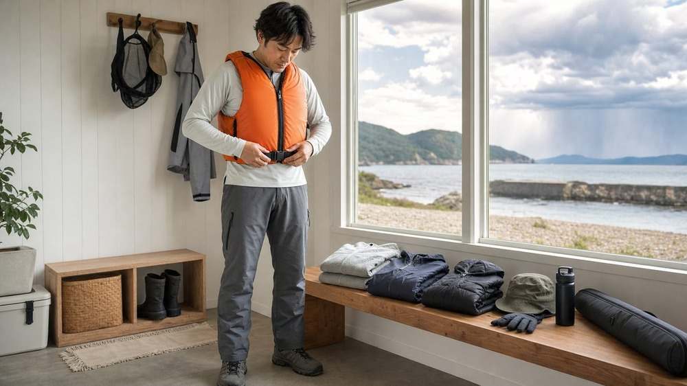 天候と釣り場に合わせて重ね着と安全装備を確認するアングラー