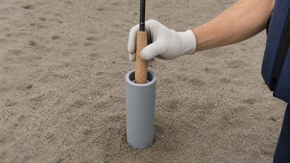砂地へ深く差した厚肉の塩ビ管に緩衝材を介してロッドグリップを収める様子