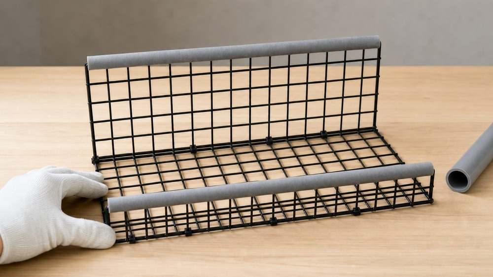 置き型のがたつきと8本の結束バンドと緩衝材と塩ビ管の縁を使用前に確認する片手