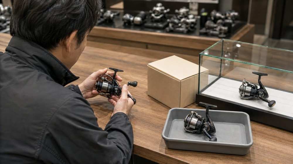中古釣具の購入経路を実物確認・配送箱・オークショントレーで比べる場面