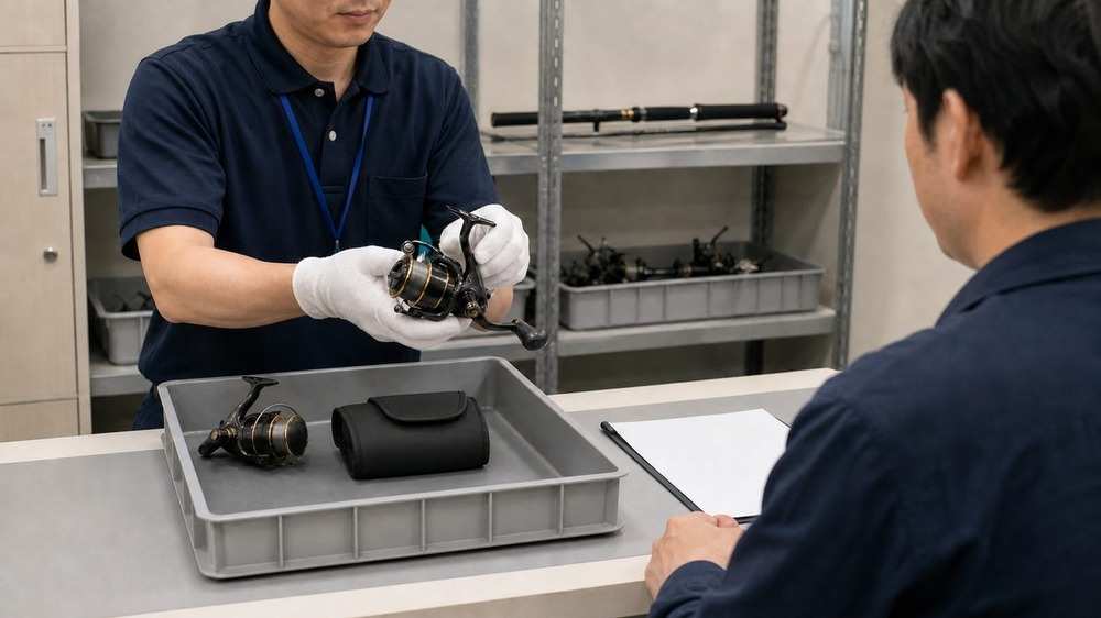 保管棚から内覧台へ移され購入希望者が確認する中古釣具の公売ロット