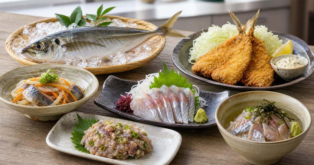 アジ料理の基本のアイキャッチ。刺身、アジフライ、南蛮漬け、なめろうなどを清潔に並べたImage2画像