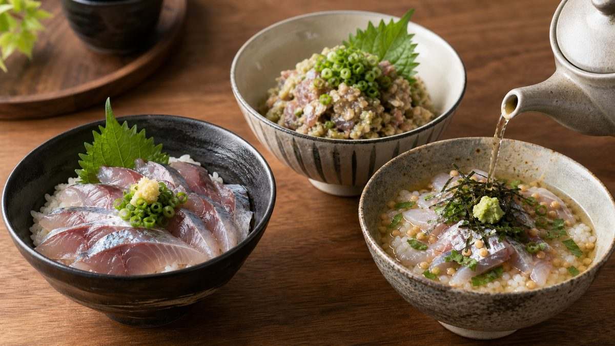 7. アジのなめろう丼・アジ丼・アジ茶漬け|和食アレンジレシピの要点をまとめた釣り攻略インフォグラフィック