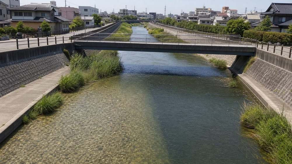 コンクリート護岸と浅場や深みが続く平坦な都市河川