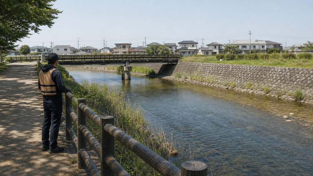 低い橋と石積みの変化がある安間川の安全な川沿い