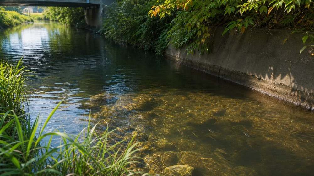 夏から初秋へ移る光と植生に包まれた都市河川