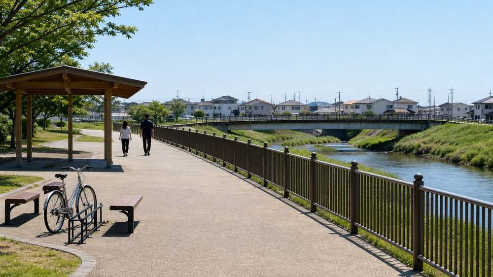 公園設備と舗装歩道が整った都市河川沿いの安全な動線
