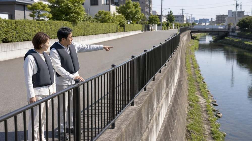 都市河川の上段歩道で水位と退路を確認する二人