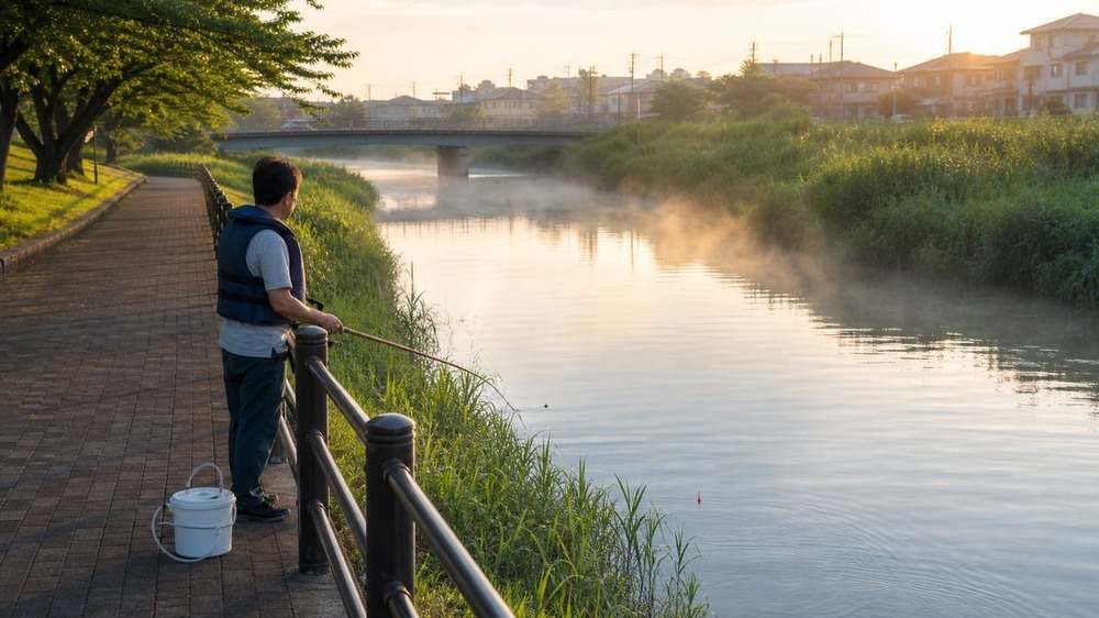 夏の早朝に柵のある都市河川で短い竿を出すアングラー