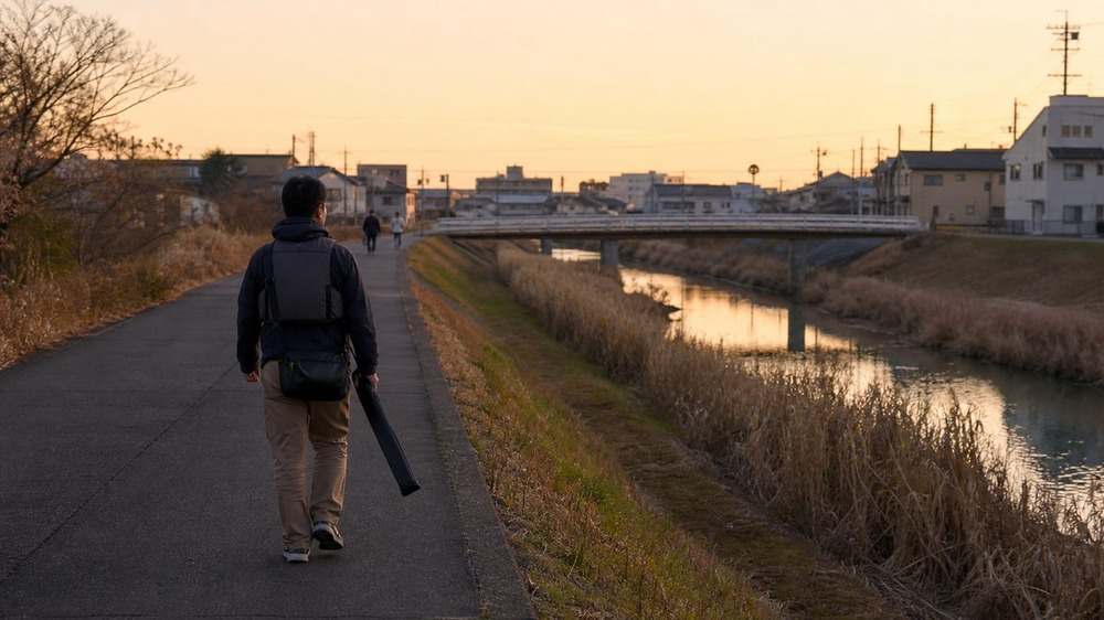 夕暮れの都市河川沿いを収納した釣り道具と歩くアングラー