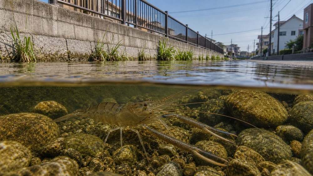 都市河川の浅場で石の間に暮らす一匹のテナガエビ