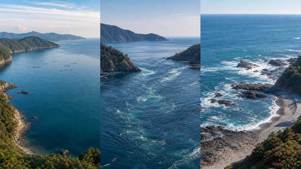 穏やかな陸奥湾と潮流の速い海峡と外洋岸の違いを示す青森の海景