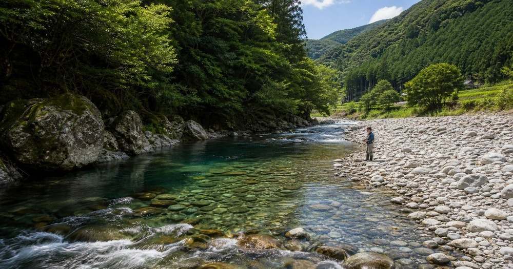 山間の清流・阿多古川の広い河原で安全に釣りを楽しむアングラー