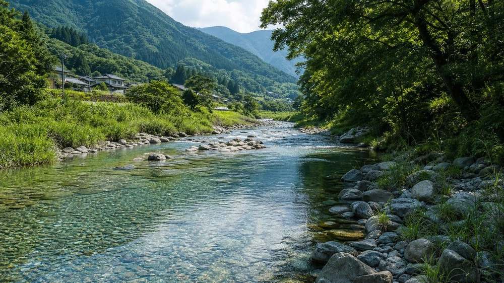 山林と里山の間を流れる透明度の高い阿多古川の清流